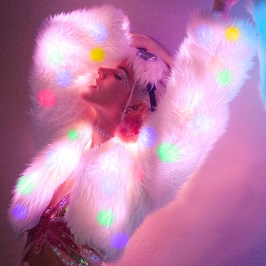 ALL NEW Limited Edition 'THE Jacket' - LED Light Faux Fur Jacket - Flashing Rainbow Party Coat - GLO TATTS